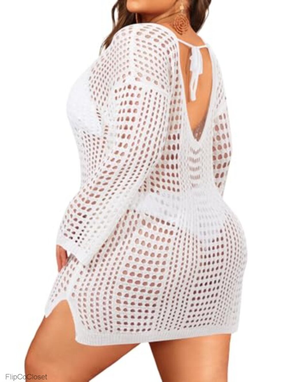 Plus Size Crochet Swimsuit Cover Up Long Sleeve Beach Dress